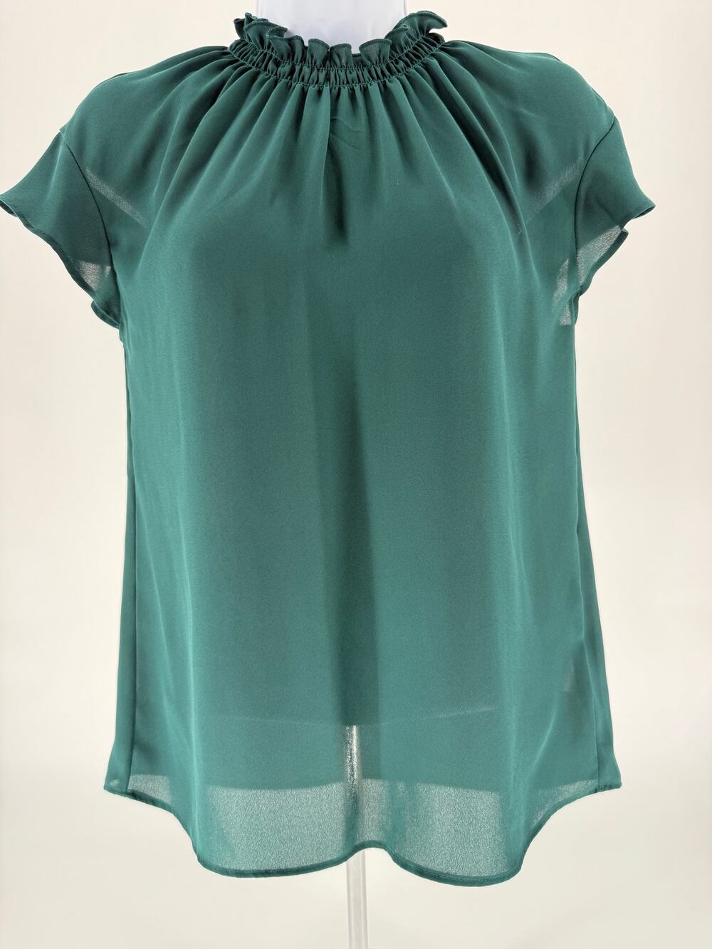 Express Womens XS Emerald Green Ruffle Neck Flutter Sleeve Blouse Career Top
